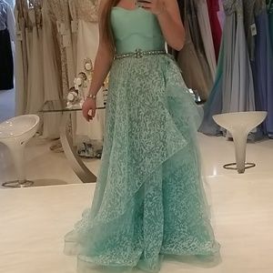 teal floral strapless floor-length prom dress